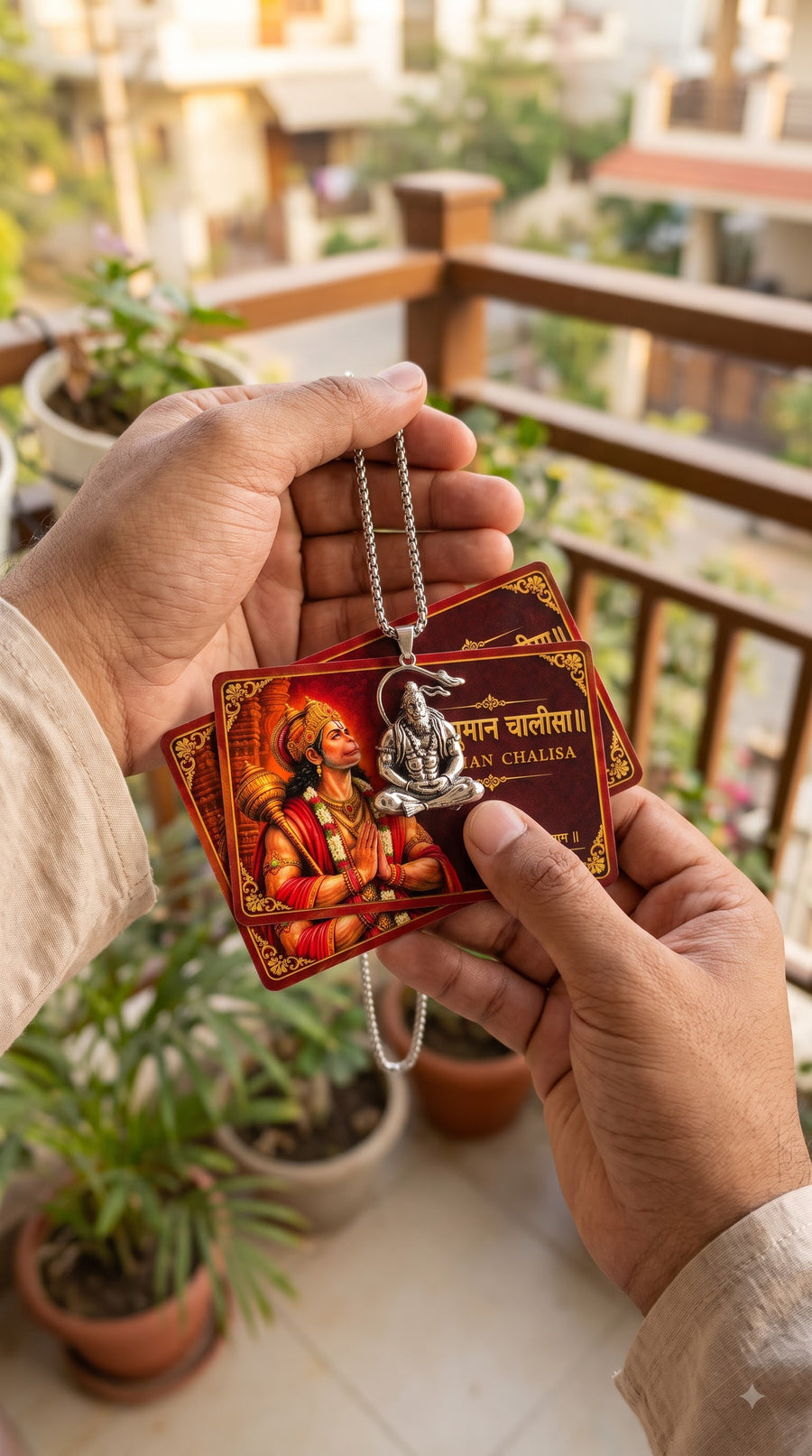 Hanuman Chalisa Card & Meditating Hanuman Ji Pendant Set