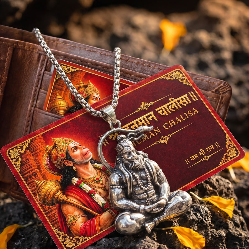 Hanuman Chalisa Card & Meditating Hanuman Ji Pendant Set