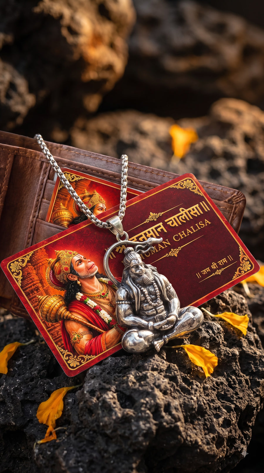 Hanuman Chalisa Card & Meditating Hanuman Ji Pendant Set