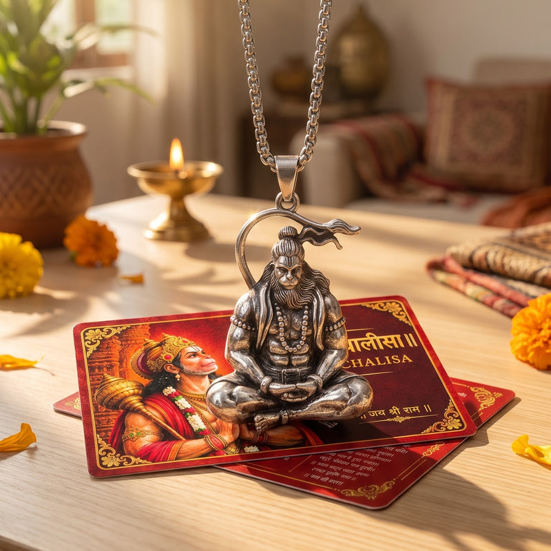 Hanuman Chalisa Card & Meditating Hanuman Ji Pendant Set