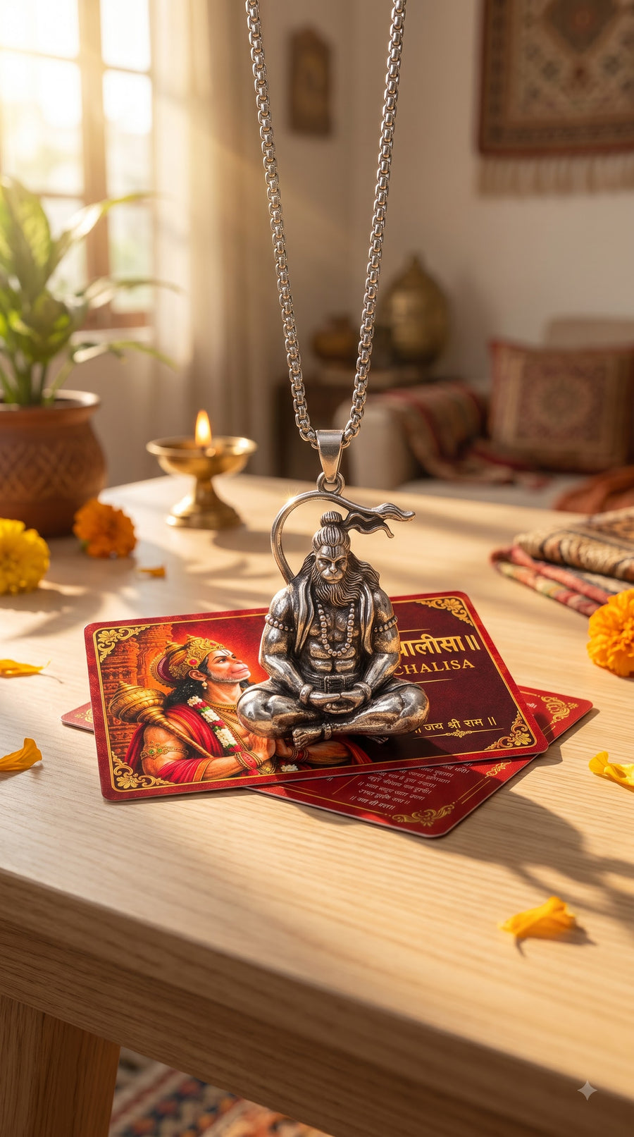 Hanuman Chalisa Card & Meditating Hanuman Ji Pendant Set