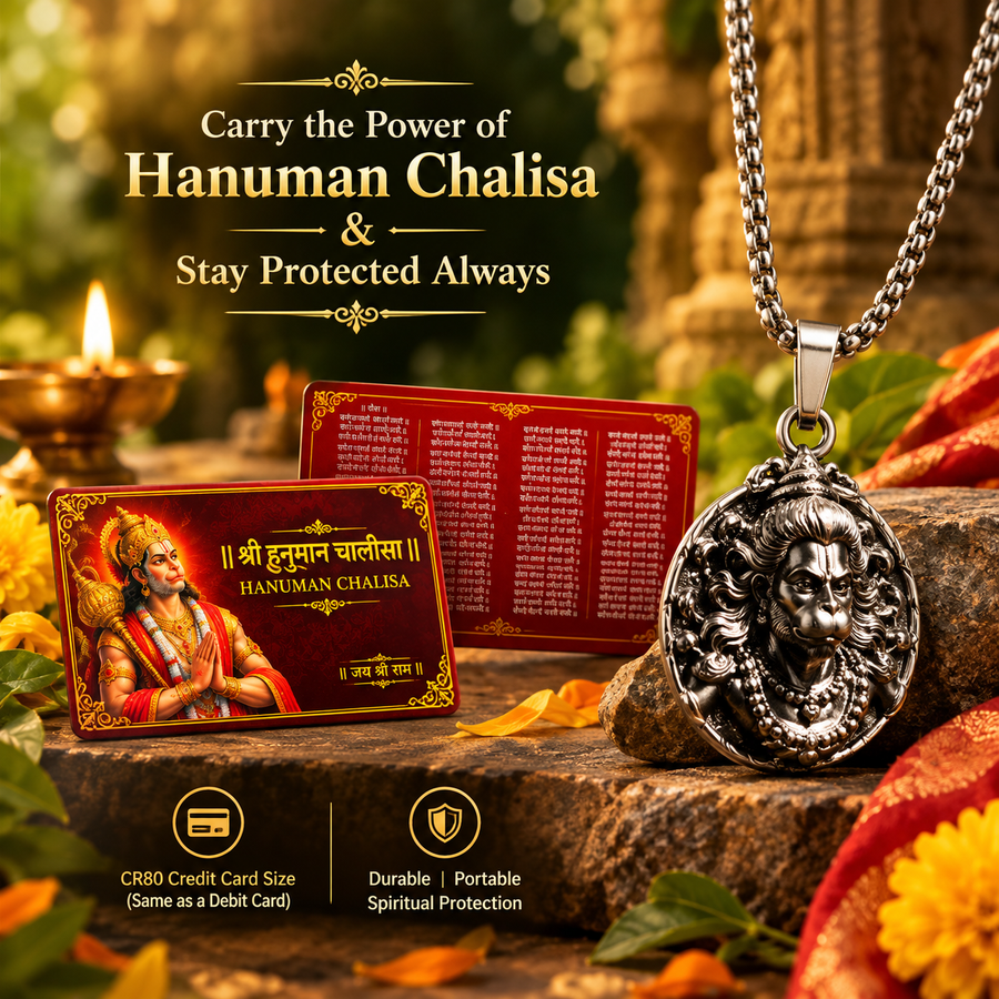 Hanuman Chalisa pocket card and silver-tone medallion pendant set